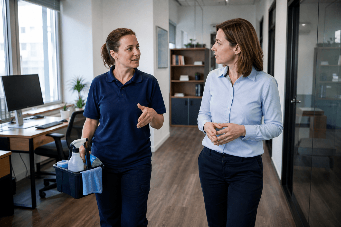 Cleaning business owner discussing a completed office cleaning job with a client