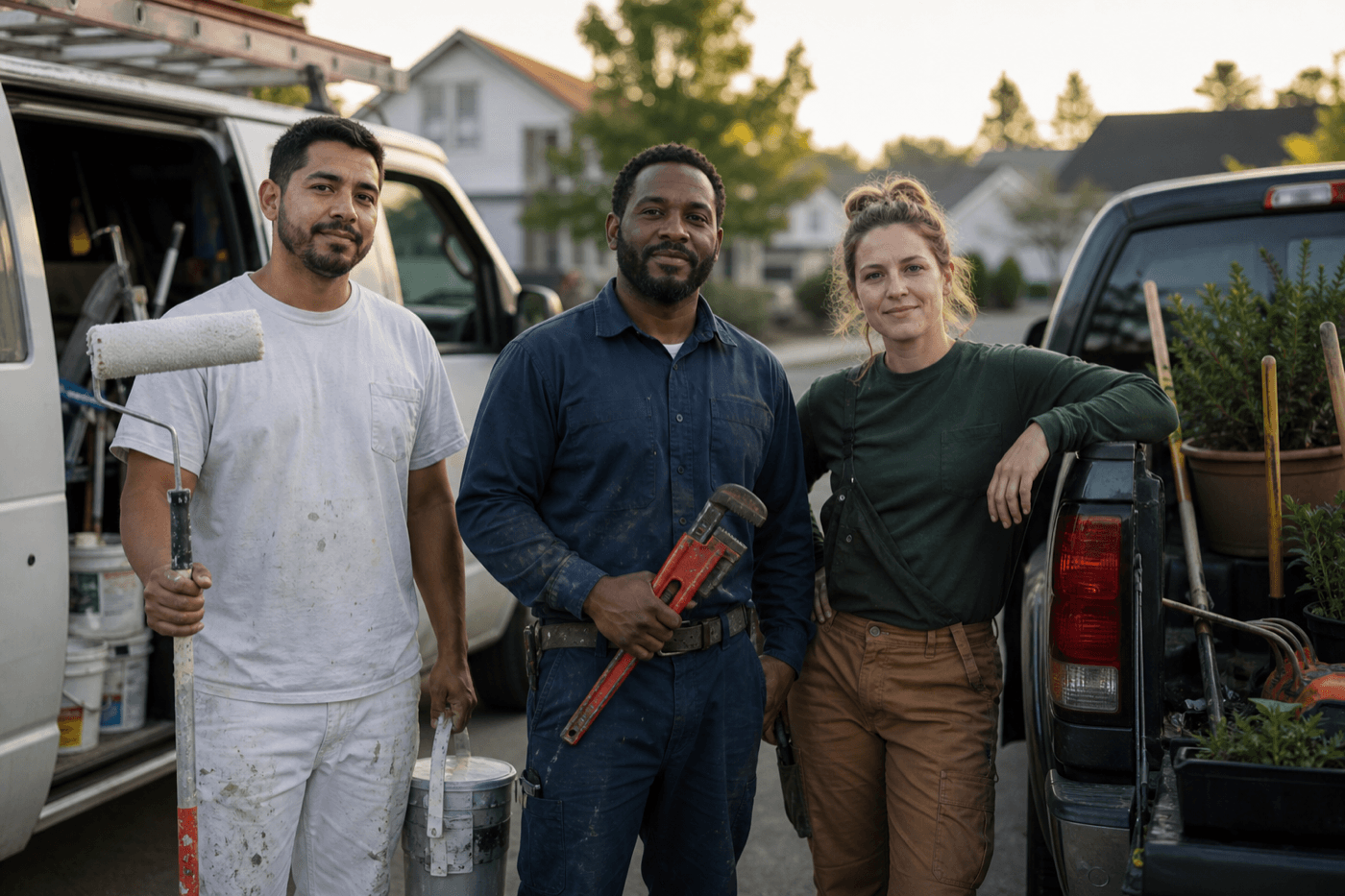 Independent painter, plumber, and landscaper ready for a workday