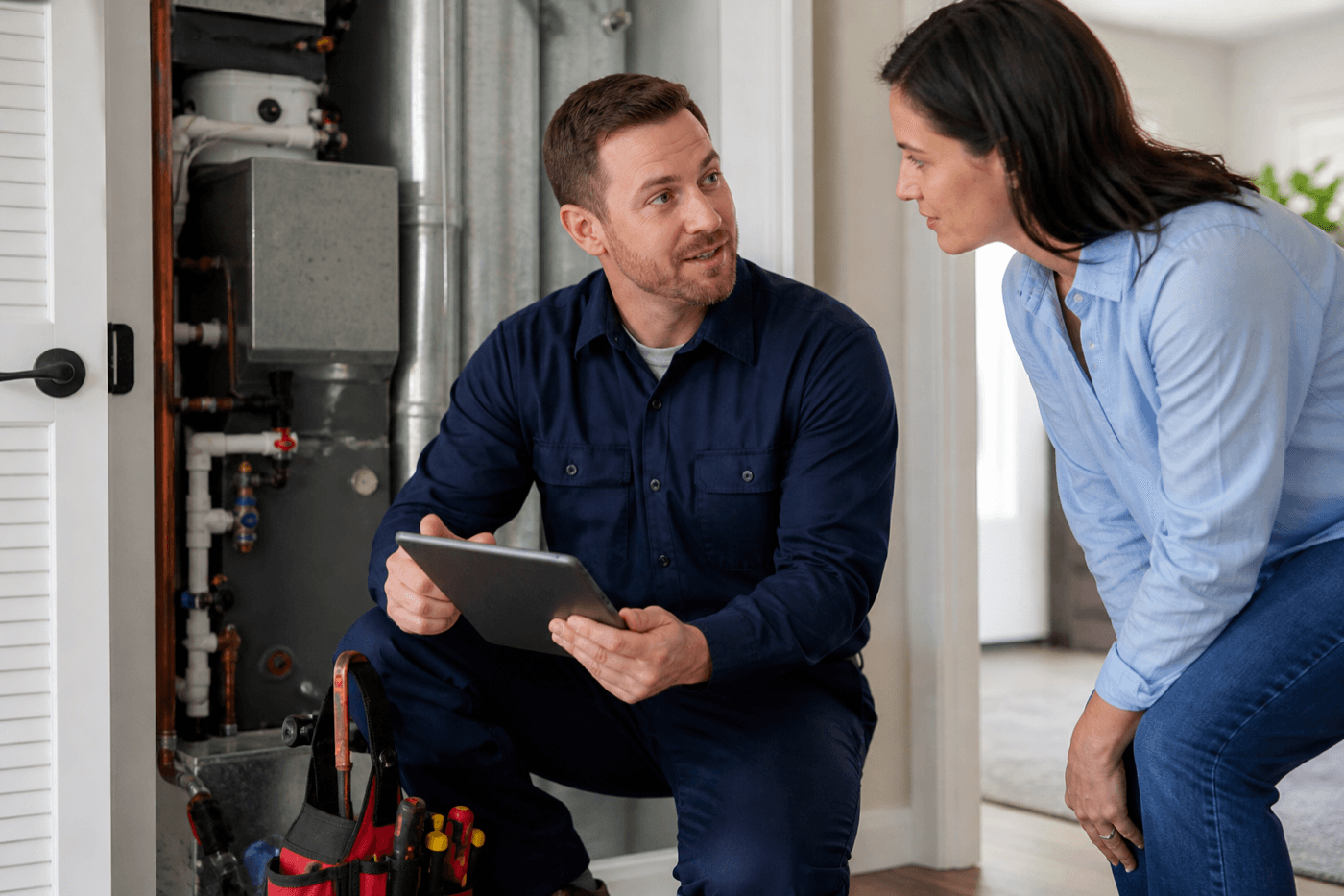Home-service technician reviewing a plumbing job with a homeowner